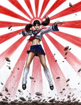 1girl abs black_eyes black_hair command_&amp;_conquer command_&amp;_conquer:_red_alert command_&amp;_conquer:_red_alert_3 dated debris female_focus floating full_body hair_ornament highres levitation looking_at_viewer midriff miniskirt navel psychic red_alert_3 rising_sun_flag rock school_uniform serafuku shoes skirt socks solo sunburst thighs toned toned_female twintails yuriko_omega