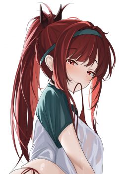 1girl absurdres aqua_hairband aqua_shirt bikini bikini_in_mouth black_choker blush breasts chanshiyu choker clothes_in_mouth commentary_request goddess_of_victory:_nikke hairband highres large_breasts long_hair long_sidelocks multicolored_shirt official_alternate_costume ponytail rapi_(nikke) rapi_(red_hood)_(nikke) rapi_(red_hood)_(red_flavor)_(nikke) red_bikini red_eyes red_hair shirt side-tie_bikini_bottom sidelocks simple_background solo swimsuit two-tone_shirt upper_body wet wet_clothes wet_shirt white_background white_shirt