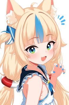 Rule 34 | 1girl, absurdres, ahoge, animal ear fluff, animal ears, blonde hair, blue eyes, blue hair, blue nails, blush, cat ears, dress, fang, frilled sailor collar, frills, from side, furfik, hashtag-only commentary, highres, indie virtual youtuber, lifebuoy hair ornament, long hair, looking at viewer, low twintails, multicolored hair, one side up, paper boat, paw pose, sailor collar, sameko saba, simple background, solo, streaked hair, twintails, upper body, very long hair, virtual youtuber, white background, white dress
