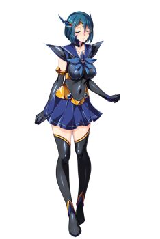 1girl black_gloves black_thighhighs blue_hair blue_skirt blush boots breasts choker closed_eyes corruption covered_erect_nipples covered_navel dark_aqua_(sailor_element) elbow_gloves full_body game_cg gloves hair_ornament highres large_breasts large_variant_set magical_girl mizushima_aoi nana_g non-web_source official_art pleated_skirt sailor_element short_hair skirt smile solo standing thighhighs transparent_background variant_set zettai_ryouiki