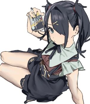 1girl ame-chan_(needy_girl_overdose) arm_support azalaxy black_eyes black_hair black_ribbon black_skirt can closed_mouth collared_shirt drink_can hair_ornament hair_over_one_eye hairclip holding holding_can long_hair looking_at_viewer miniskirt neck_ribbon needy_girl_overdose red_shirt ribbon shirt short_sleeves simple_background sitting_sideways skirt solo strong_zero suspender_skirt suspenders twintails white_background x_hair_ornament