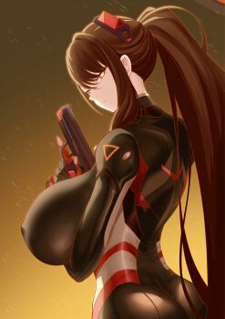 1girl arm_under_breasts ass black_bodysuit black_gloves black_hair blue_archive bodysuit breasts bright_pupils closed_mouth commentary_request covered_erect_nipples from_side gloves gradient_background gun hairpods handgun highres holding holding_gun holding_weapon huge_breasts impossible_bodysuit impossible_clothes long_hair looking_to_the_side ponytail red_eyes ringed_eyes rio_(blue_archive) rio_(bodysuit)_(blue_archive) sidelocks skin_tight solo suigetu26 very_long_hair weapon yellow_background