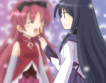 Rule 34 | 2girls, :d, akemi homura, akemi homura (magical girl), clannad, closed eyes, elbow gloves, food, gloves, hair ribbon, happy state, kitagawa mikio, long hair, magical girl, mahou shoujo madoka magica, mahou shoujo madoka magica (anime), multiple girls, nonaka ai, open mouth, parody, pocky, ponytail, red hair, ribbon, sakura kyoko, sakura kyoko (magical girl), smile, sparkle, up nose, voice actor connection, | |