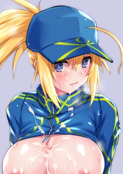 1girl ahoge areola_slip artoria_pendragon_(fate) baseball_cap blonde_hair blue_eyes blue_hat blue_shrug blush breasts cum cum_on_body cum_on_breasts cum_on_upper_body facial fate/grand_order fate_(series) hat highres large_breasts long_hair long_sleeves looking_at_viewer mysterious_heroine_xx_(fate) ponytail shrug_(clothing) sidelocks solo tsuzuki_yoshio