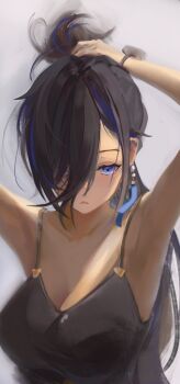 1girl armpits arms_up ayase_yuu black_hair blue_eyes blue_hair bobicess breasts phase_connect tagme tying_hair virtual_youtuber