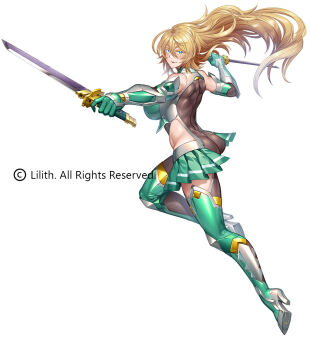 Rule 34 | 1girl, blonde hair, blue eyes, breasts, copyright notice, detached sleeves, dual wielding, fishnets, full body, gloves, green gloves, green thighhighs, highres, holding, holding sword, holding weapon, large breasts, leotard, long hair, looking at viewer, natalie fletcher, official art, second-party source, shindol, showgirl skirt, side slit, solo, sword, taimanin (series), taimanin rpgx, taimanin suit, thighhighs, weapon, white background