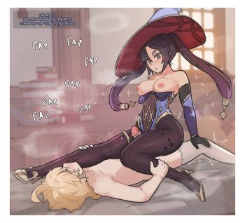 1boy 1girl absurdres aether_(genshin_impact) bare_shoulders bed_sheet black_hair blonde_hair bodystocking border breasts breasts_out clothed_female_nude_male commentary english_commentary english_text erection genshin_impact girl_on_top gloves gold_shoes gold_trim holding_another's_leg green_eyes hair_between_eyes hat hat_ornament hetero highres jewelry leotard long_hair medium_breasts mona_(genshin_impact) multicolored_hair nipples nude on_bed open_mouth pantyhose penis purple_hair purple_hat purple_leotard shoes sparkle_print straddling thigh_sex thighhighs thighlet thighs twintails two-tone_hair uncensored valenthania white_border white_thighhighs witch_hat
