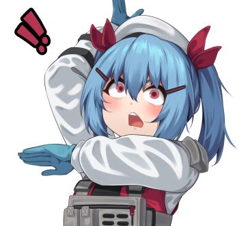 ! !! 1girl adachi_t_(xadachit) arm_up beret blue_hair blush colphne_(girls'_frontline_2) commentary english_commentary girls'_frontline girls'_frontline_2:_exilium gundam gundam_gquuuuuux hair_between_eyes hat jacket open_mouth pink_eyes scene_reference short_hair simple_background solo teeth upper_body upper_teeth_only white_background white_hat white_jacket