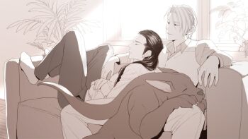 2boys animal bindi black_hair blonde_hair claws closed_eyes closed_mouth collar couch darkstar_(ff7) day earrings final_fantasy final_fantasy_vii final_fantasy_vii_remake indoors jewelry long_ears looking_at_another male_focus monochrome multiple_boys pet plant pointy_ears profile rufus_shinra short_hair sitting sleeping sleeping_on_person socks square_enix sunlight tseng turks_(ff7) vest window wing_collar