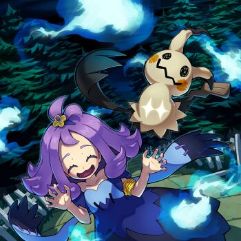 +_+ 1girl :3 acerola_(pokemon) armlet artist_request claw_pose closed_eyes dress eyelashes fence gen_7_pokemon gold_armlet jewelry medium_hair mimikyu night nintendo official_art open_mouth outdoors patchwork_clothes pokemon pokemon_(creature) pokemon_sm pokemon_tcg pokemon_tcg_pocket purple_dress purple_hair short_sleeves smile third-party_source tree will-o&#039;-the-wisp_(mythology)