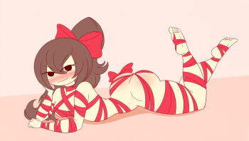 1girl ass ass_blush barefoot black_eyes blush bow breasts brown_hair commentary completely_nude english_commentary full_body liddell_(limbros) limbros long_hair looking_at_viewer lying naked_ribbon nude on_stomach original pink_background ponytail red_bow red_ribbon ribbon simple_background smile soles solo