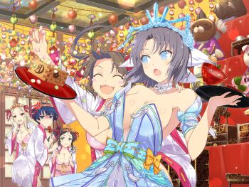 5girls :3 :d :o ^_^ absurdly_detailed_composition anger_vein angry arare_(food) architecture armband arrow_(projectile) bare_shoulders blonde_hair blue_armband blue_bow blue_dress blue_eyes blue_hair blunt_bangs blush blush_stickers body_blush bow bowl bowl_cut box bra branch breasts brown_hair chinese_knot cleavage closed_eyes closed_mouth collarbone detached_collar dress drumsticks east_asian_architecture fan_print food frown game_asset gem green_eyes green_trim grey_hair hair_bow hair_ornament hair_ribbon hairclip haori hat headpiece hina_arare hina_ningyou hinadan hinamatsuri hirabitai holding holding_branch holding_drumsticks holding_food holding_tray ice japanese_clothes jitome kimono large_breasts lattice layered_kimono lens_flare light_particles long_hair low_neckline middle_part minori_(senran_kagura) mochi mole mole_under_mouth multiple_girls murakumo_(senran_kagura) navel no_mask object_request official_alternate_costume official_art open_mouth orange_bow parted_bangs pelvic_curtain pink_bra print_kimono quiver red_eyes red_gem revealing_clothes ribbon ribbon-trimmed_bow ribbon-trimmed_kimono ribbon-trimmed_thighhighs ribbon_trim saishi sakura_mochi scowl senran_kagura senran_kagura_new_link senran_kagura_shinovi_versus shaded_face shiki_(senran_kagura) shiny_skin short_hair shouji side_ponytail sliding_doors smile solo spilling surprised tassel tate_eboshi thighhighs tray twintails underwear visual_novel_cg wagashi waist_bow warabimochi white_bow white_haori white_kimono white_thighhighs worried yellow_bow yozakura_(senran_kagura) yumi_(senran_kagura)