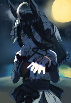 1girl ahoge animal_ears averting_eyes bare_shoulders black_choker black_hair black_ribbon blush bow choker closed_mouth collarbone commentary detached_sleeves dress ear_ribbon embarrassed flower flower_in_clothes frilled_cuffs hair_between_eyes hair_bun hands_up highres horse_ears horse_girl lace-trimmed_choker lace_trim long_hair_between_eyes manhattan_cafe_(umamusume) multicolored_hair nail_polish reaching reaching_towards_viewer red_flower red_nails red_rose ribbon rose sagittarius_(cruxhkg) short_hair single_hair_bun sleeveless sleeveless_dress solo umamusume untranslatable_commentary waist_ribbon white_dress white_hair white_ribbon wrist_cuffs yellow_eyes