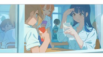 2boys 4girls black_hair boku_no_kokoro_no_yabai_yatsu brown_eyes brown_hair cellphone classroom closed_eyes closed_mouth collarbone collared_shirt drinking_straw drinking_straw_in_mouth from_outside hair_over_one_eye hand_mirror highres holding holding_juice_box holding_mirror holding_phone ichikawa_kyoutarou juice_box kobayashi_chihiro_(bokuyaba) long_hair mirror mole mole_on_neck multiple_boys multiple_girls multiple_moles murumuroom open_mouth phone sekine_moeko shirt short_hair short_sleeves smartphone summer_uniform white_shirt window yamada_anna yoshida_serina