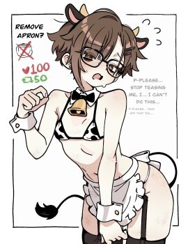 1girl ai-assisted animal_ears animal_print apron asami-chan bell bikini black_bow black_bowtie black_thighhighs bow bowtie breasts brown_eyes brown_hair cow_ears cow_horns cow_print cow_print_bikini cow_tail detached_collar english_text fake_animal_ears fake_horns fake_tail freckles groin hand_up highres horns implied_object_insertion leaning_forward neck_bell original print_bikini small_breasts solo sweat swimsuit tail thighhighs third-party_edit waist_apron wrist_cuffs