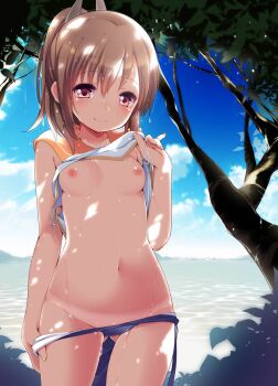 10s 1girl bad_id bad_twitter_id blue_sky blush breasts brown_eyes brown_hair clothes_lift cloud collarbone cowboy_shot dappled_sunlight day female_focus fujisaki_hikari groin hair_between_eyes highres i-401_(kancolle) kantai_collection leaf looking_at_viewer midriff navel nipples ocean one-piece_swimsuit outdoors plant ponytail sailor_collar school_swimsuit school_uniform shirt shirt_lift short_hair short_ponytail sky small_breasts smile solo standing sunlight swimsuit swimsuit_under_clothes tan tanline tree under_tree undressing water