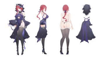 1girl absurdres ass bare_arms bare_shoulders black_dress black_gloves black_panties black_shoes black_sleeves black_thighhighs breasts cleavage cleavage_cutout closed_mouth clothing_cutout commission detached_sleeves dress flantia frilled_thigh_strap from_behind full_body gloves hair_over_one_eye highres huge_breasts looking_at_viewer multiple_views original panties profile red_eyes red_hair reference_sheet shoes simple_background thigh_strap thighhighs underwear white_background wide_sleeves