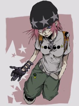 Rule 34 | backpack, badge, bag, beanie, belt, black hat, blue eyes, breasts, button badge, eyepatch, gloves, green pants, hand in pocket, hat, highres, jewelry, medical eyepatch, medium breasts, medium hair, necklace, nu punxxxz, orange bag, original, pants, pink hair, print belt, print shirt, shirt, shoes, single glove, sneakers, star (symbol), star print, t-shirt, tongue, tongue out, white belt, white shirt, yin yang