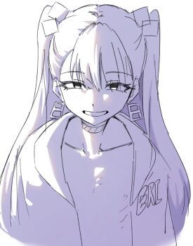 1girl character_name choker collarbone commentary_request cube_hair_ornament earrings eri_(synthesizer_v) flat_chest freckles greyscale hair_ornament highres jacket jewelry long_hair looking_at_viewer lycorisanguine monochrome nipples open_clothes open_jacket sketch smile smug solo straight-on synthesizer_v teeth twintails upper_body vimalion_pro