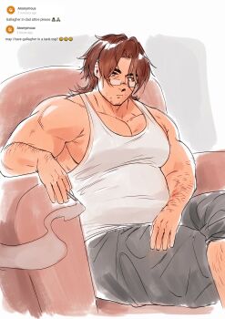 1boy absurdres alternate_body_size arm_hair bara belly bespectacled brown_hair expressionless facial_hair feet_out_of_frame gallagher_(honkai:_star_rail) glasses hair_between_eyes highres honkai:_star_rail honkai_(series) huge_pectorals leg_hair looking_ahead male_focus mature_male muscular muscular_male nifast_(greentail) pectoral_cleavage pectorals plump request_inset solo stubble tank_top thick_eyebrows white_tank_top