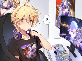 1boy ? aether_(genshin_impact) black_shirt blonde_hair blush chair closed_mouth computer earrings gaming_chair genshin_impact hair_between_eyes headphones headphones_around_neck highres honkai:_star_rail honkai_(series) jewelry long_hair looking_at_viewer male_focus midori_(midori13579) mihoyo monitor robin_(honkai:_star_rail) shirt single_earring solo swivel_chair t-shirt yellow_eyes