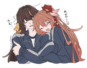 2girls blue_track_suit blush brown_hair closed_eyes commentary_request guinaifen_(honkai:_star_rail) hair_ornament heart highres honkai:_star_rail honkai_(series) hug long_hair multiple_girls niupum orange_hair oversized_clothes sushang_(honkai:_star_rail) track_suit yuri