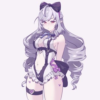 Rule 34 | 1girl, ahoge, bare shoulders, bow, breasts, clothing cutout, frilled one-piece swimsuit, frills, hair ornament, hashtag-only commentary, heart, highres, legband, light blush, long hair, medium breasts, navel, navel cutout, official alternate costume, one-piece swimsuit, pointy ears, purple bow, purple hair, red eyes, rnll art, solo, swimsuit, thick thighs, thighs, vivian banshee, vivian banshee (iris of the shore), zenless zone zero