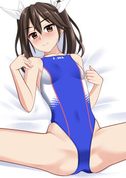 1girl absurdres blue_one-piece_swimsuit blush breasts brown_eyes brown_hair clothes_writing commentary_request competition_swimsuit covered_navel cowboy_shot hair_ribbon highleg highleg_one-piece_swimsuit highres kantai_collection long_hair lying multicolored_swimsuit nose_blush one-piece_swimsuit ribbon small_breasts solo spread_legs swimsuit takafumi tone_(kancolle) twintails variant_set