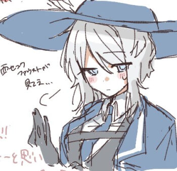 1girl black_gloves black_jacket blue_hat blush cinq_association_south_uniform collared_shirt faust_(project_moon) gloves hat jacket kigurui_kkr limbus_company looking_at_viewer lowres project_moon puff_of_air shirt solo sweat translation_request white_background white_hair white_shirt wide_brim