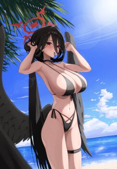 1girl absurdres bikini black_bikini black_hair black_panties black_wings blue_archive breasts choker day feathered_wings halo hasumi_(blue_archive) highres huge_breasts ieasty11 long_hair looking_at_viewer low_wings ocean outdoors panties red_eyes red_halo solo standing swimsuit thighs underwear very_long_hair wings