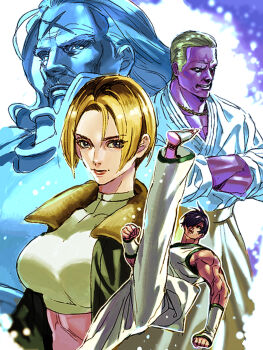 1girl 3boys belt black_belt blonde_hair blue_hair blue_mary blue_pants breasts brown_belt closed_eyes copyright_name cropped_jacket dobok facial_hair fatal_fury fatal_fury:_city_of_the_wolves fingerless_gloves geese_howard gloves green_jacket grey_hair jacket kim_jae_hoon large_breasts loose_belt midriff multiple_boys muscular muscular_male navel pants scar_on_face scar_on_forehead snk wolfgang_krauser
