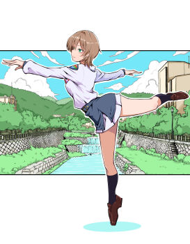 1girl arabesque_(pose) black_socks blue_skirt blue_sky brown_hair brown_shoes closed_mouth cloud collared_shirt commentary full_body green_eyes hair_intakes harumiya_yukuri highres ikizulive!_love_live!_bluebird letterboxed loafers long_sleeves love_high_school_uniform love_live! medium_hair miniskirt outdoors outside_border outstretched_arms pleated_skirt river school_uniform shirt shoes skirt sky smile socks solo spread_arms white_shirt white_skirt yuutai
