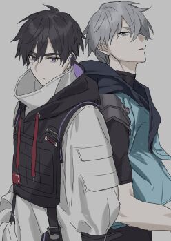 2boys absurdres back-to-back bandaid bandaid_on_face black_hair blue_eyes blue_jacket closed_mouth commentary_request earpiece frown genderswap genderswap_(ftm) grey_background grey_hair highres hood hood_down iso_(valorant) jacket jett_(valorant) jiz_(pffbq) looking_at_viewer male_focus multiple_boys parted_lips purple_eyes short_hair simple_background sleeveless sleeveless_jacket upper_body valorant