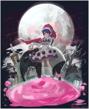 1girl absurdres airnery alternate_eye_color alternate_hair_color arm_up backlighting black_capelet black_dress blob bloodborne blue_hair blush book bookmark border breasts candle candlelight capelet cleavage_cutout closed_mouth clothing_cutout colored_eyelashes commentary_request dated doremy_sweet dream_soul dress gradient_eyes gradient_hair grid hat highres holding holding_book huge_filesize knees lantern legs light_particles looking_at_viewer medium_breasts moon_presence_(bloodborne) moonlight moonlight_greatsword multicolored_dress multicolored_eyes multicolored_hair nightcap pom_pom_(clothes) purple_eyes purple_hair red_eyes red_hat shiny_clothes shiny_skin short_dress short_hair sleeveless sleeveless_dress smile solo standing statue swept_bangs symbol tail tapir tapir_tail thighs tombstone touhou twitter_username white_border white_dress white_footwear