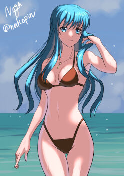1girl absurdres aqua_eyes aqua_hair bare_shoulders bikini black_bikini breasts cowboy_shot eirika_(fire_emblem) fire_emblem fire_emblem:_the_sacred_stones fire_emblem_heroes hand_in_own_hair highres jewelry long_hair looking_at_viewer medium_breasts nagasaki_yuko navel necklace nintendo sidelocks smile solo swimsuit twitter_username wet