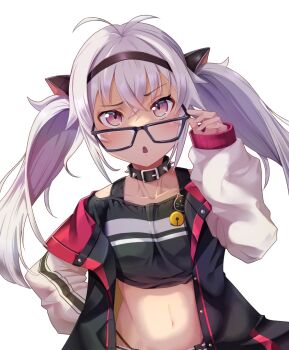 Rule 34 | 1girl, adjusting eyewear, animal ears, black-framed eyewear, black headband, black jacket, black shirt, cat ears, commentary, dark-skinned female, dark skin, fake animal ears, glasses, grey hair, hand on own hip, headband, jacket, long hair, looking at viewer, matsukai mao, matsukai mao (1st costume), nijisanji, open mouth, purple eyes, rei k 79, shirt, solo, twintails, virtual youtuber