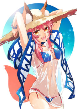 Rule 34 | 1girl, :d, animal ear fluff, animal ears, arms up, bikini, blue bikini, commentary request, cowboy shot, ears through headwear, fate/grand order, fate (series), fox ears, fox girl, fox tail, hat, iseyun, linea alba, long hair, open mouth, orange eyes, pink hair, smile, straw hat, string bikini, sun hat, swimsuit, tail, tamamo no mae (fate), tamamo no mae (swimsuit lancer) (fate), wide brim