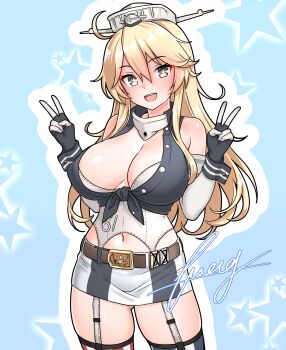 1girl absurdres american_flag american_flag_legwear american_flag_print blonde_hair blue_eyes breasts commentary_request double_v elbow_gloves flag_print front-tie_top furaggu_(frag_0416) garter_straps gloves hair_between_eyes headgear highres iowa_(kancolle) kantai_collection large_breasts long_hair miniskirt open_mouth round_teeth skirt smile solo star-shaped_pupils star_(symbol) striped_clothes striped_skirt striped_thighhighs symbol-shaped_pupils teeth thighhighs upper_teeth_only v vertical-striped_clothes vertical-striped_skirt vertical-striped_thighhighs very_long_hair