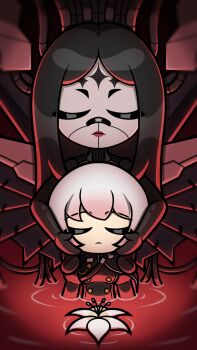 2girls aiguillette black_hair breasts closed_eyes closed_mouth commentary expressionless gloves goddess_of_victory:_nikke hair_between_eyes highres liliweiss_(nikke) long_hair long_sleeves multiple_girls nose_marking pink_hair rapture_queen_(nikke) short_hair spoilers star_(symbol) virgate wading white_hair