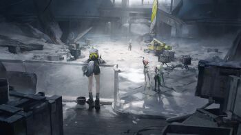 Rule 34 | 2boys, 3girls, akekuri (arknights), animal ears, antal (arknights), architecture, arknights, arknights: endfield, catcher (arknights), crocodile girl, crocodilian tail, dog ears, dog girl, dog tail, estella (arknights), fluorite (arknights), green hair, high ponytail, highres, logo, mamako ( mamako), medium hair, multiple boys, multiple girls, official art, ponytail, red hair, reptile boy, second-party source, short hair, tail