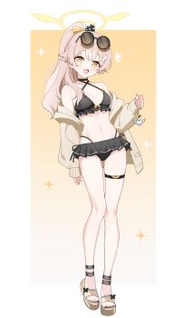 1girl :d absurdres alternate_costume alternate_hairstyle ankle_strap arm_at_side bikini black_bikini black_nails blue_archive bow breasts charm_(object) commentary criss-cross_halter dot_nose eyewear_on_head frilled_bikini frills full_body hair_bow hair_ornament halo halterneck hifumi_(blue_archive) high_ponytail highres holding holding_charm jacket long_sleeves nail_polish open_clothes open_jacket open_mouth peroro_(blue_archive) polka_dot polka_dot_bow ponytail sandals shusuchii simple_background small_breasts smile solo swimsuit symbol-only_commentary thigh_strap toenail_polish toenails toes wing_hair_ornament yellow_background yellow_halo