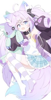 Rule 34 | 1girl, absurdres, animal collar, animal ear fluff, animal ears, antenna hair, asymmetrical legwear, bandaid, bandaid on knee, bandaid on leg, black collar, black jacket, black scrunchie, blue eyes, blue skirt, blush stickers, camisole, collar, commentary request, commission, drawstring, fang, frilled skirt, frills, hair between eyes, hair ornament, hair scrunchie, highres, holding, holding stuffed toy, hood, hood down, hooded jacket, indie virtual youtuber, jacket, kneehighs, long hair, long sleeves, mismatched legwear, multicolored thighhighs, no shoes, open clothes, open jacket, open mouth, plaid clothes, plaid skirt, pleated skirt, purple hair, purple thighhighs, scrunchie, single kneehigh, single sock, single thighhigh, skeb commission, skin fang, skirt, sleeves past fingers, sleeves past wrists, smile, socks, striped clothes, striped thighhighs, stuffed animal, stuffed toy, thighhighs, torn clothes, torn socks, twintails, two-tone thighhighs, uneven legwear, urotsuki (ku9625), v-shaped eyebrows, very long hair, virtual youtuber, volo the wolf, white background, white camisole, white socks, white thighhighs, x hair ornament