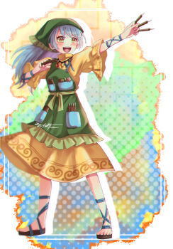 1girl :d ankle_lace-up apron arm_ribbon arm_up blue_hair blurry blush border dress green_apron green_headscarf green_sash haniyasushin_keiki headscarf highres holding_tool jewelry konpota_(pixiv_113398422) long_hair magatama magatama_necklace necklace open_mouth outstretched_arms pocket print_dress ribbon sandals sash silhouette smile solo teeth tools touhou upper_teeth_only white_border yellow_dress yellow_eyes