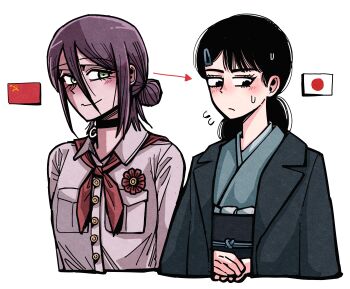 2girls absurdres arrow_(symbol) black_choker black_coat black_eyes black_hair blue_kimono chainsaw_man choker coat coat_on_shoulders flower flying_sweatdrops green_eyes grenade_pin grey_shirt hair_between_eyes hair_bun hansoom_(latebirdwakeup) highres japanese_clothes japanese_flag kimono long_hair mitaka_asa multiple_girls neckerchief purple_hair red_flower red_neckerchief reze_(chainsaw_man) shirt soviet_flag sweat