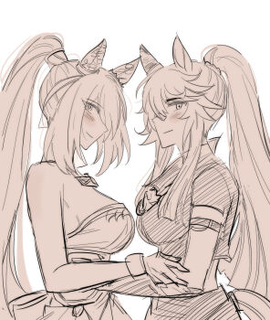 2girls animal_ears back_bow bandaid bandaid_on_face bandaid_on_nose bare_shoulders blunt_ends bow bracelet breasts brown_theme cleavage collared_shirt cowboy_shot dress ear_covers fingernails from_side hair_tie hand_on_another&#039;s_arm hand_on_another&#039;s_hip happy high_ponytail highres hishi_amazon_(hungry_veil)_(umamusume) hishi_amazon_(umamusume) horse_ears horse_girl horse_tail hwipa_(param_blue) jewelry large_breasts long_hair long_sidelocks looking_at_viewer midriff monochrome multiple_girls narita_brian_(hungry_wolves)_(umamusume) narita_brian_(umamusume) official_alternate_costume pointy_nose ponytail shirt short_sleeves sidelocks simple_background single_ear_cover sleeve_belt standing strapless strapless_dress tail umamusume very_long_hair white_background yuri