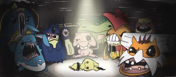 azumarill drawfag eelektross fangs gen_1_pokemon gen_2_pokemon gen_3_pokemon gen_4_pokemon gen_5_pokemon gen_7_pokemon landorus landorus_(therian) legendary_pokemon mew_(pokemon) mimikyu munchlax mythical_pokemon nintendo no_humans open_mouth parody pokemon pokemon_(creature) saliva scrafty spotlight teeth the_binding_of_isaac venusaur whiscash yungoos