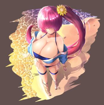 1girl beach bikini blue_bikini breasts cleavage closed_mouth commentary_request duel_masters flower from_above hair_flower hair_ornament hair_over_eyes high_ponytail highres huge_breasts islay_(duel_masters) long_hair ponytail purple_hair sandals signature solo swimsuit tanityu thigh_strap