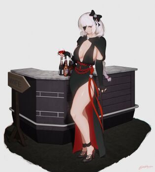 1girl absurdres black_bow black_capelet black_dress black_gloves black_shoes bow braid braided_ponytail breasts capelet cup dress elbow_gloves eyepatch fingerless_gloves full_body girls&#039;_frontline glass gloves hair_bow high_heels highres holding holding_cup large_breasts long_hair looking_at_viewer m16a1_(blazer_of_the_trail)_(girls&#039;_frontline) m16a1_(boss)_(girls&#039;_frontline) m16a1_(girls&#039;_frontline) nishibuya official_alternate_costume shoes side_slit single_braid smile solo standing twitter_username white_hair