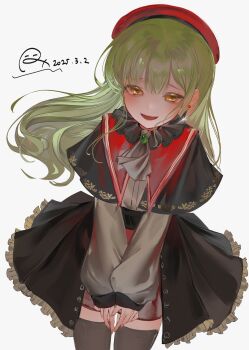 1girl absurdres ascot bang_dream! bang_dream!_it's_mygo!!!!! beret black_capelet black_thighhighs brooch capelet chinese_commentary commentary_request cowboy_shot dated green_hair grey_ascot hat highres jewelry long_hair long_sleeves looking_at_viewer mortis_(bang_dream!) mortis_(costume)_(bang_dream!) mortis_(persona)_(bang_dream!) open_mouth red_hat red_shorts shorts sidelocks signature simple_background smile solo standing thighhighs v_arms wakaba_mutsumi white_background xbadr yellow_eyes