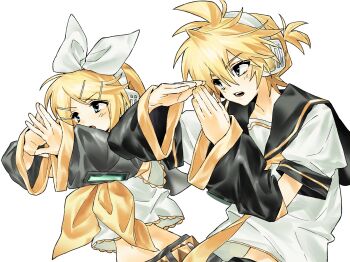 1boy 1girl absurdres belt black_sleeves blue_eyes detached_sleeves fingernails hands_up headphones highres hynn0x_x kagamine_len kagamine_rin midriff navel open_mouth ponytail shirt short_hair short_ponytail simple_background teeth upper_body upper_teeth_only vocaloid white_background white_shirt wide_sleeves